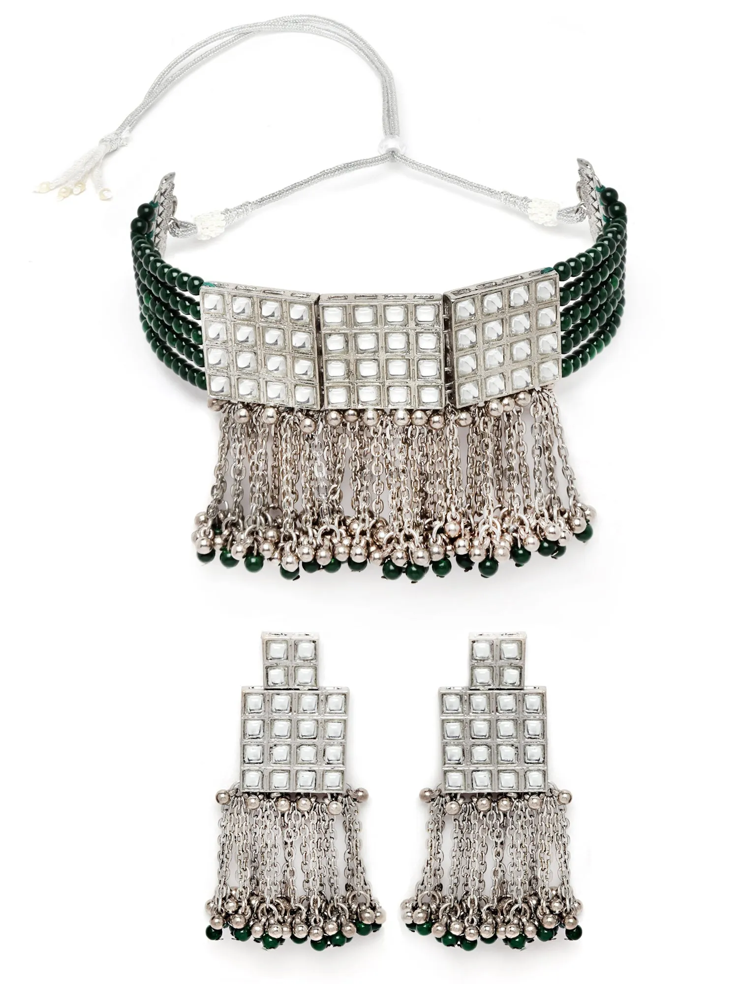 Karatcart Green Beaded Oxidised Silver Kundan Choker Necklace Set for Women