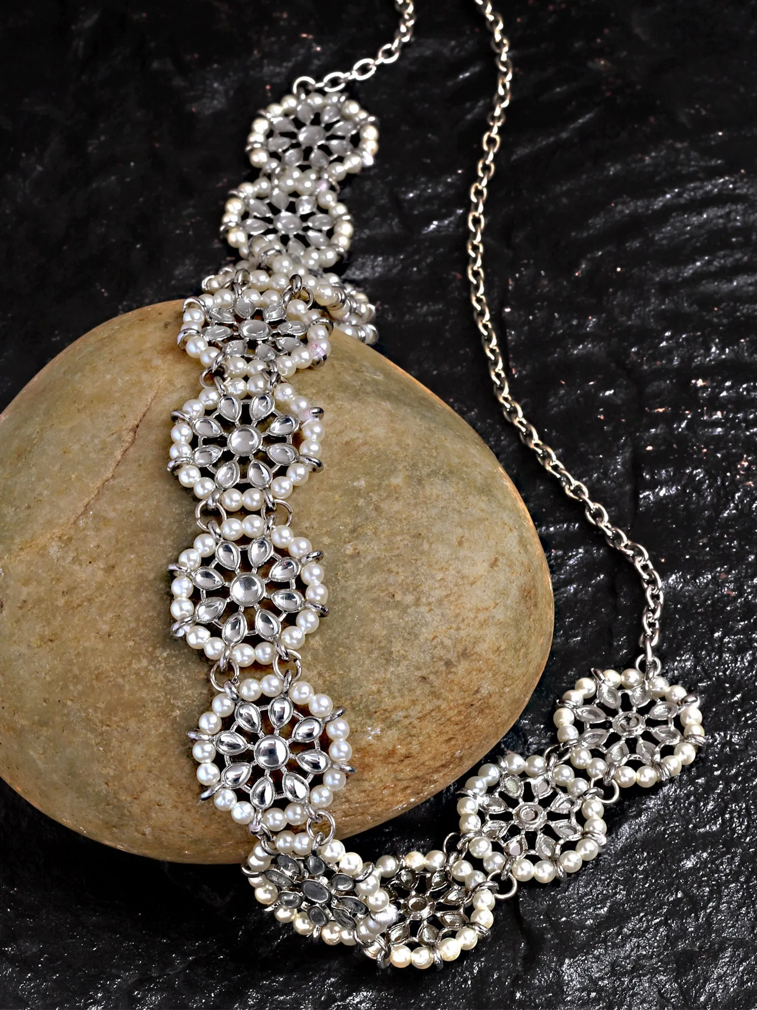 Karatcart Oxidised Silver Floral Shape Kundan and Pearl Beaded Kamarbandh