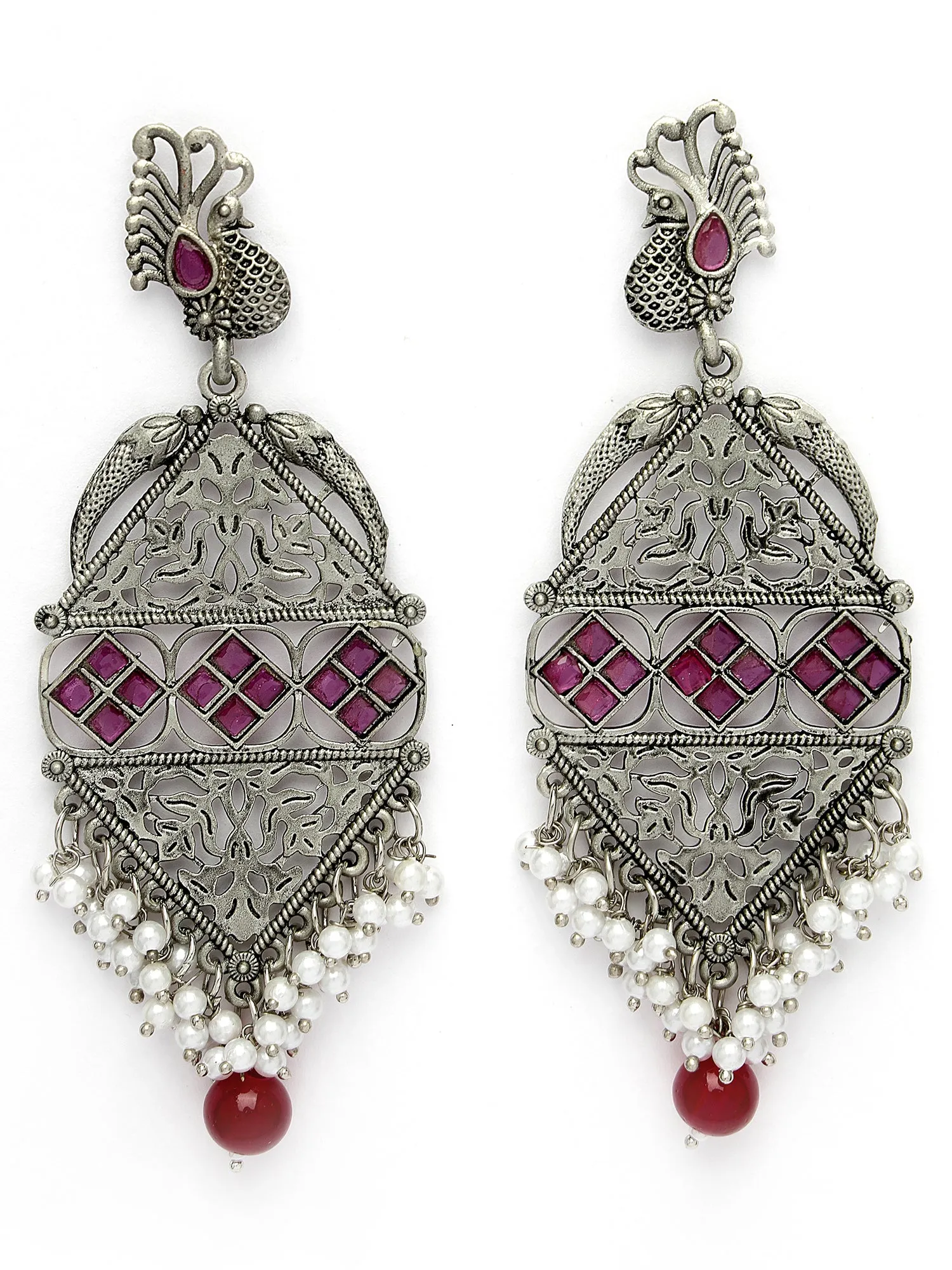 Karatcart Oxidised Silver Red Stone Peacock Kundan Dangler Earrings for Women