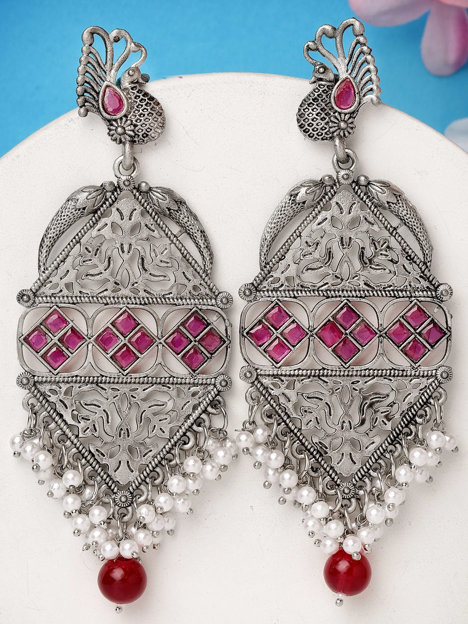 Karatcart Oxidised Silver Red Stone Peacock Kundan Dangler Earrings for Women