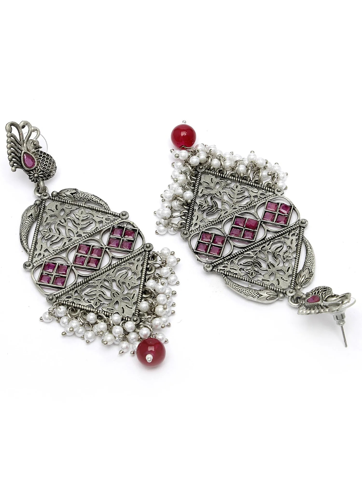Karatcart Oxidised Silver Red Stone Peacock Kundan Dangler Earrings for Women