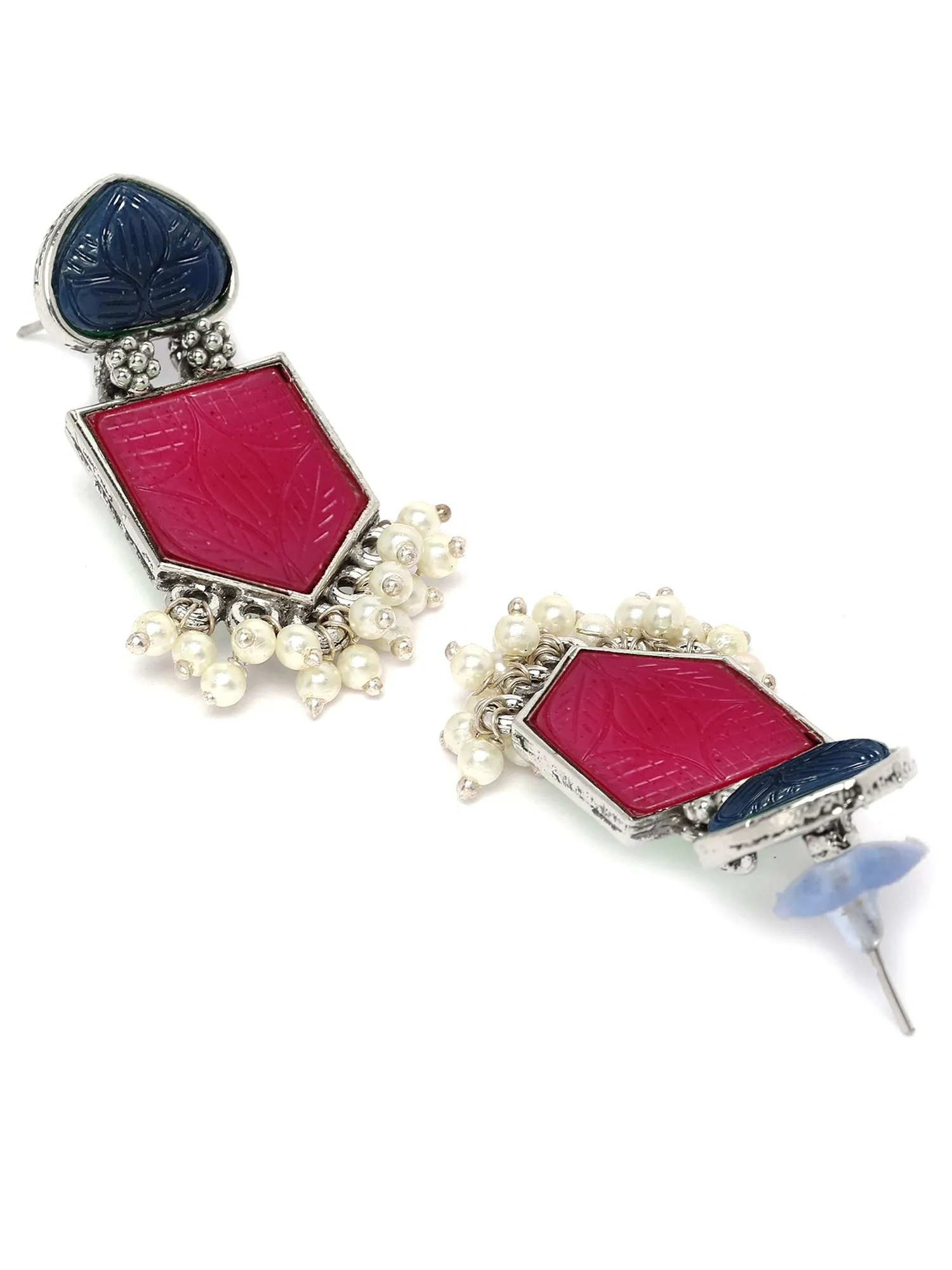 Karatcart Silver Tone Blue & Ruby Pink Carved Stone Studded Drop Earrings for Women
