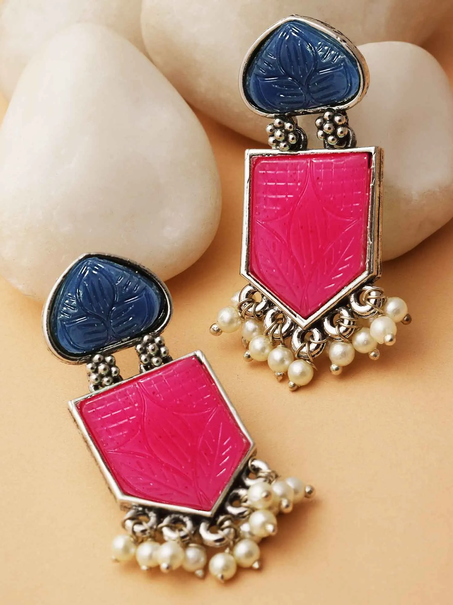 Karatcart Silver Tone Blue & Ruby Pink Carved Stone Studded Drop Earrings for Women