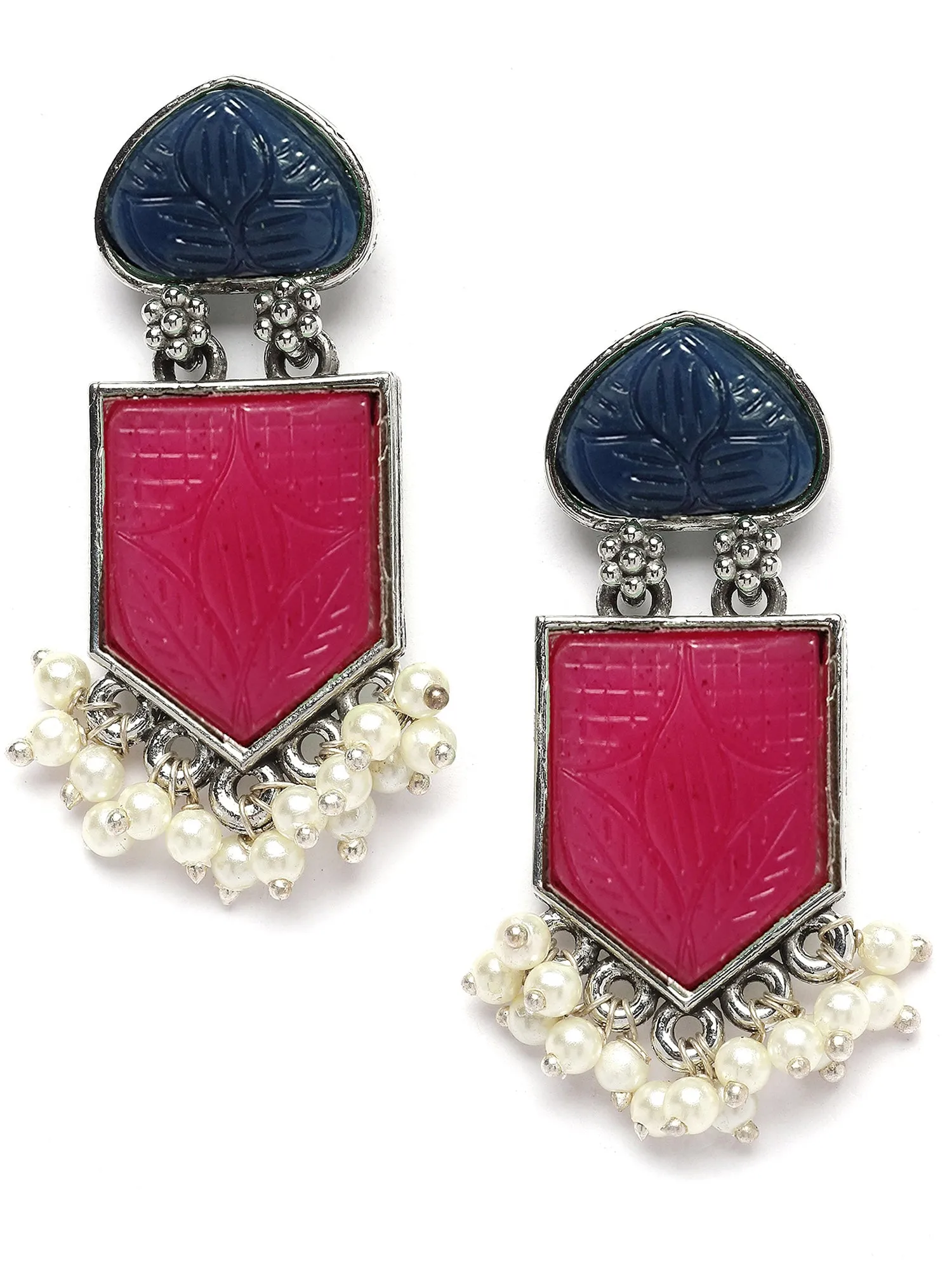 Karatcart Silver Tone Blue & Ruby Pink Carved Stone Studded Drop Earrings for Women