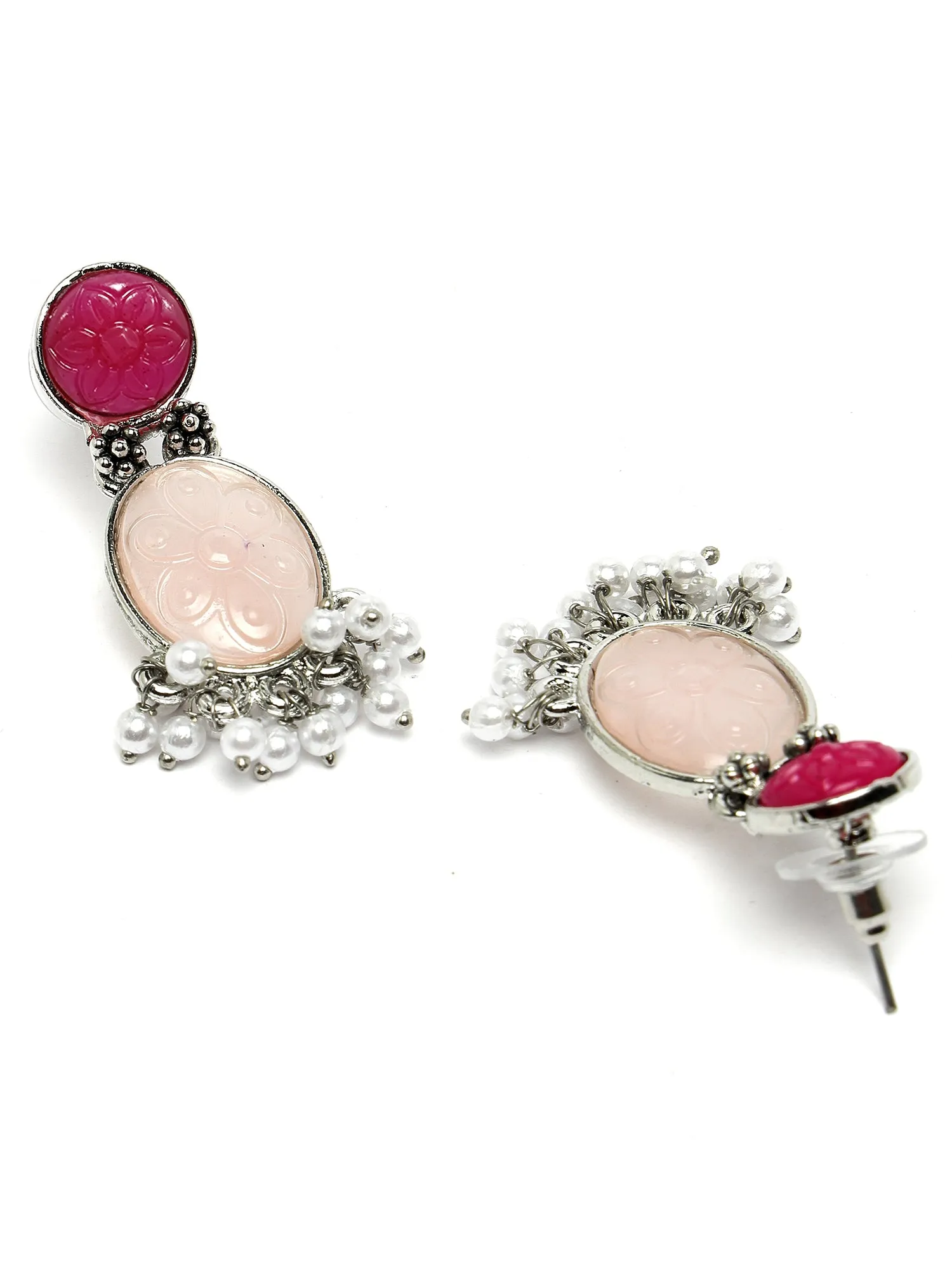 Karatcart Silver Tone Oval Shape Ruby Pink Carved Stone Studded Drop Earrings for Women