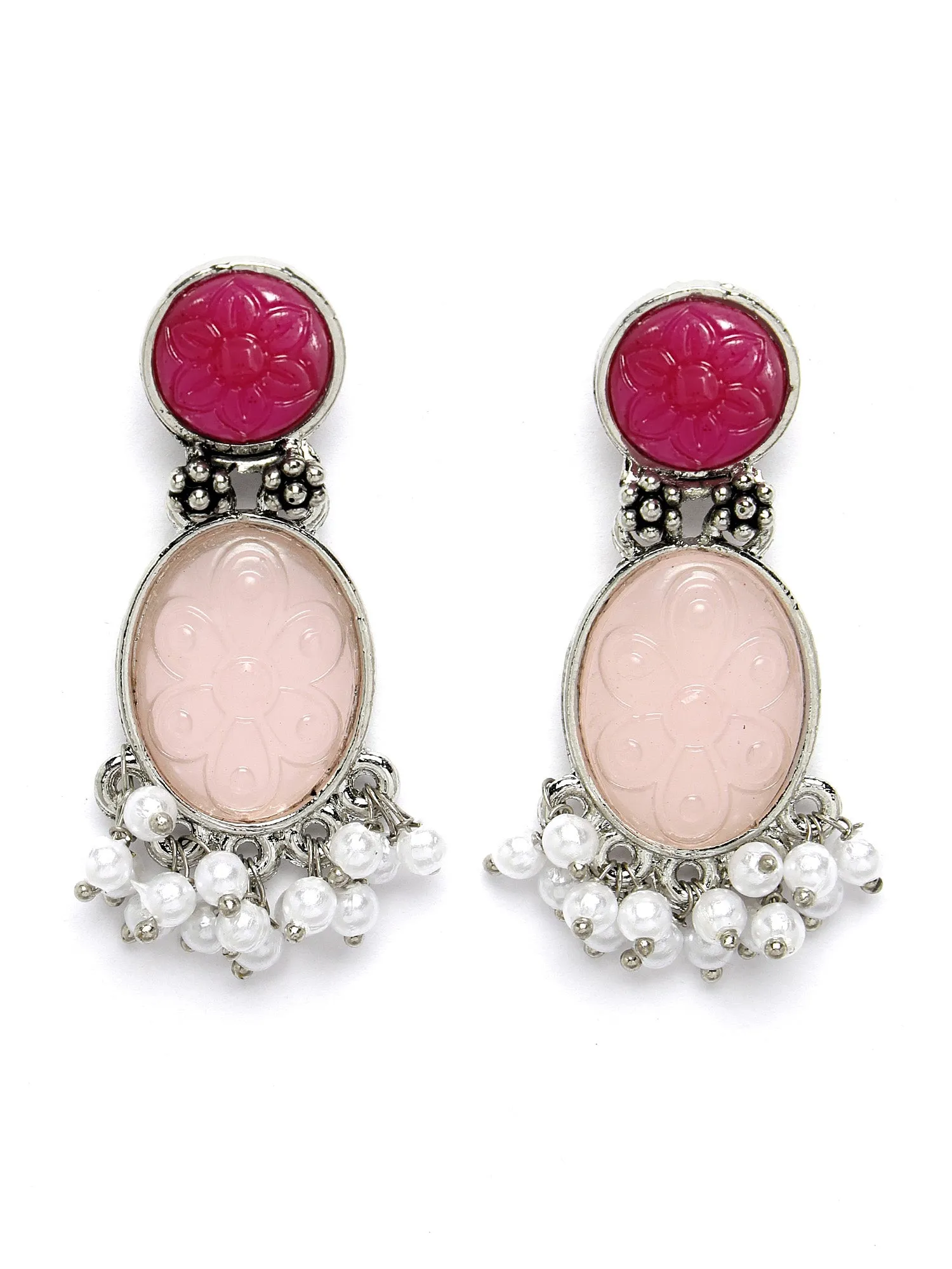 Karatcart Silver Tone Oval Shape Ruby Pink Carved Stone Studded Drop Earrings for Women