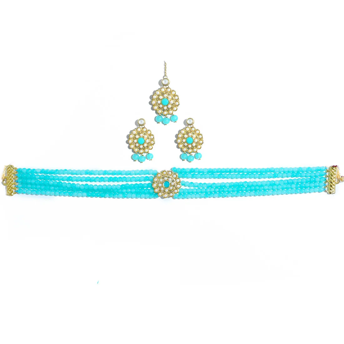 Kundan Blue Beaded Choker Necklace Set