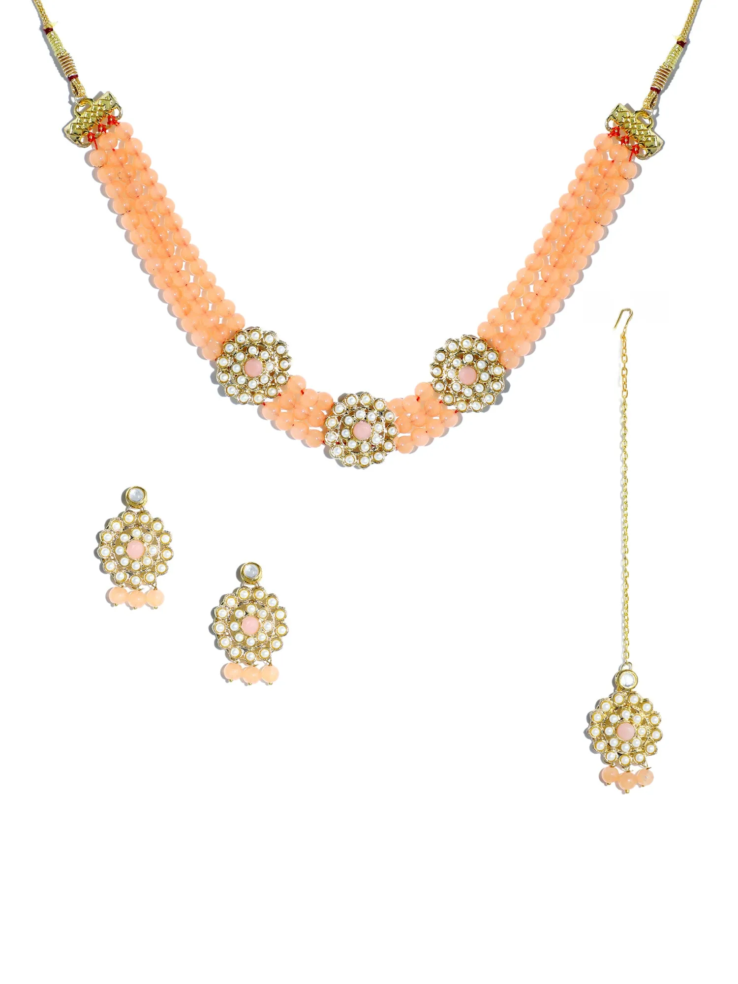 Kundan Peach Beaded Choker Necklace Set