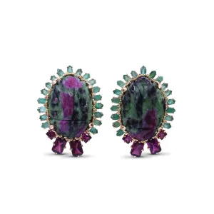 Luxury Hand Carved Ruby Zoisite 68ct Emerald 4.3ct and Rhodolite Garnet 3ct Earrings in 18K Gold