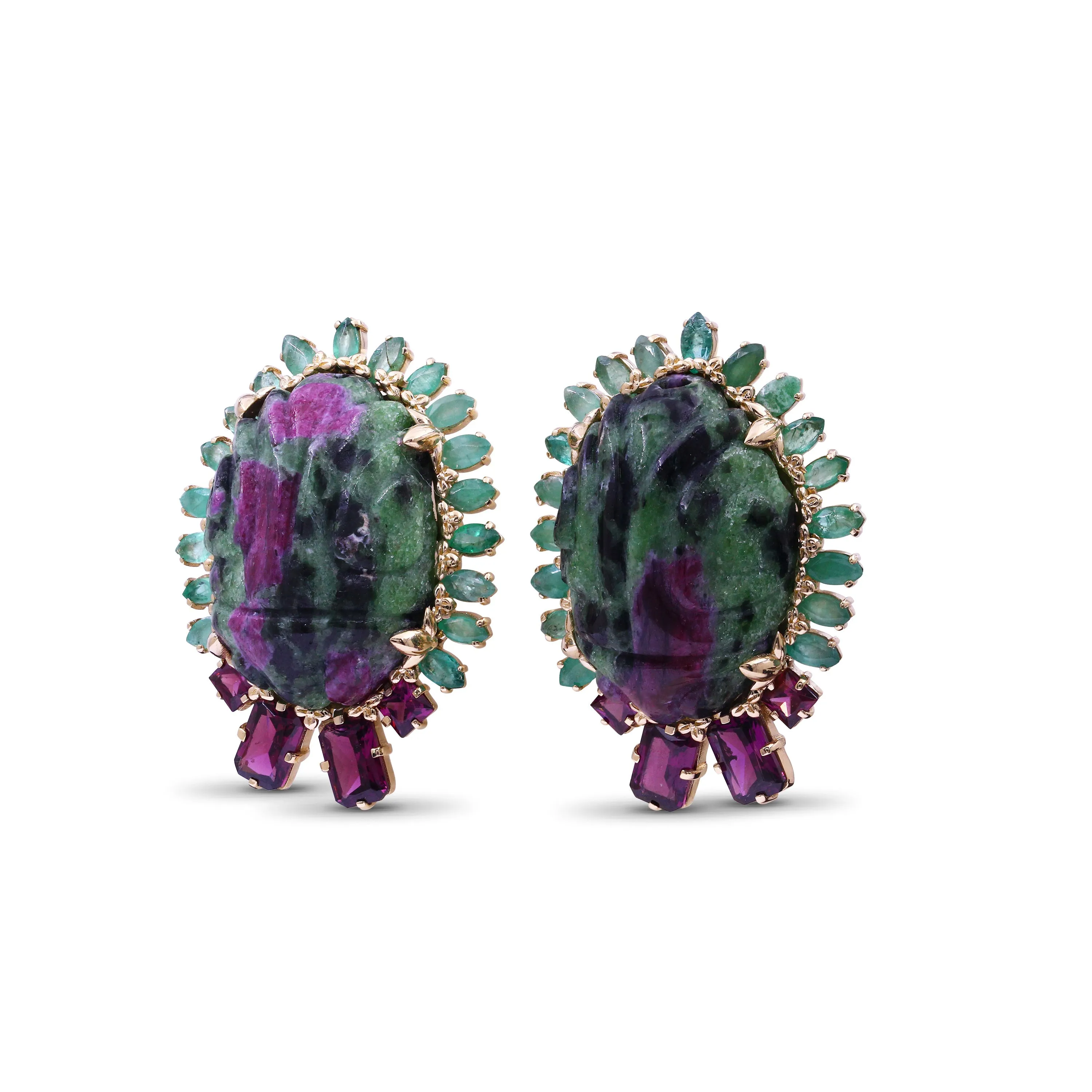 Luxury Hand Carved Ruby Zoisite 68ct Emerald 4.3ct and Rhodolite Garnet 3ct Earrings in 18K Gold