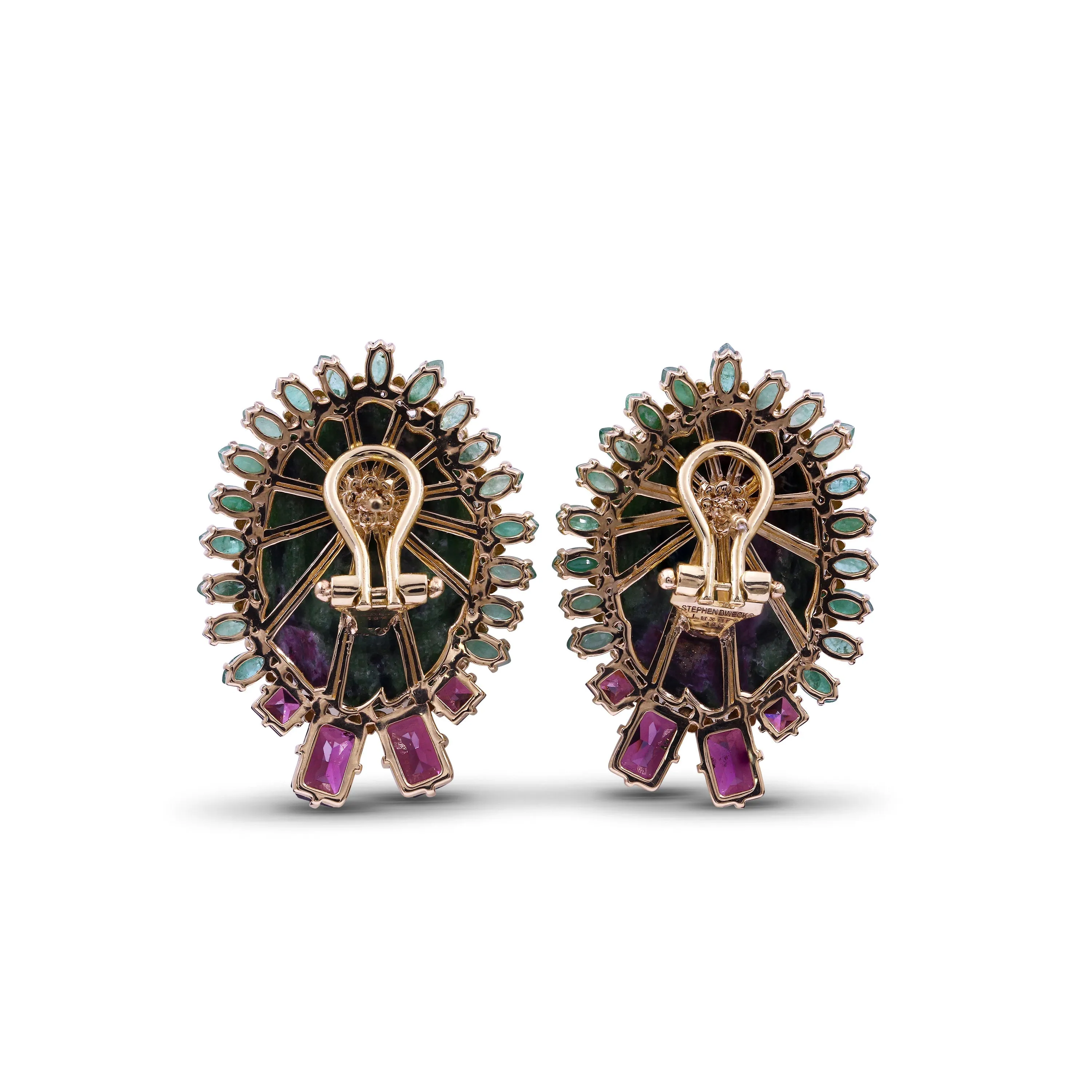 Luxury Hand Carved Ruby Zoisite 68ct Emerald 4.3ct and Rhodolite Garnet 3ct Earrings in 18K Gold