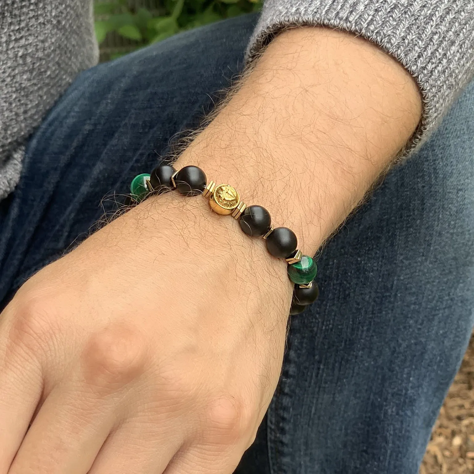 Luxury in Black - Onyx Bracelet With Malachite in Gold | 10MM