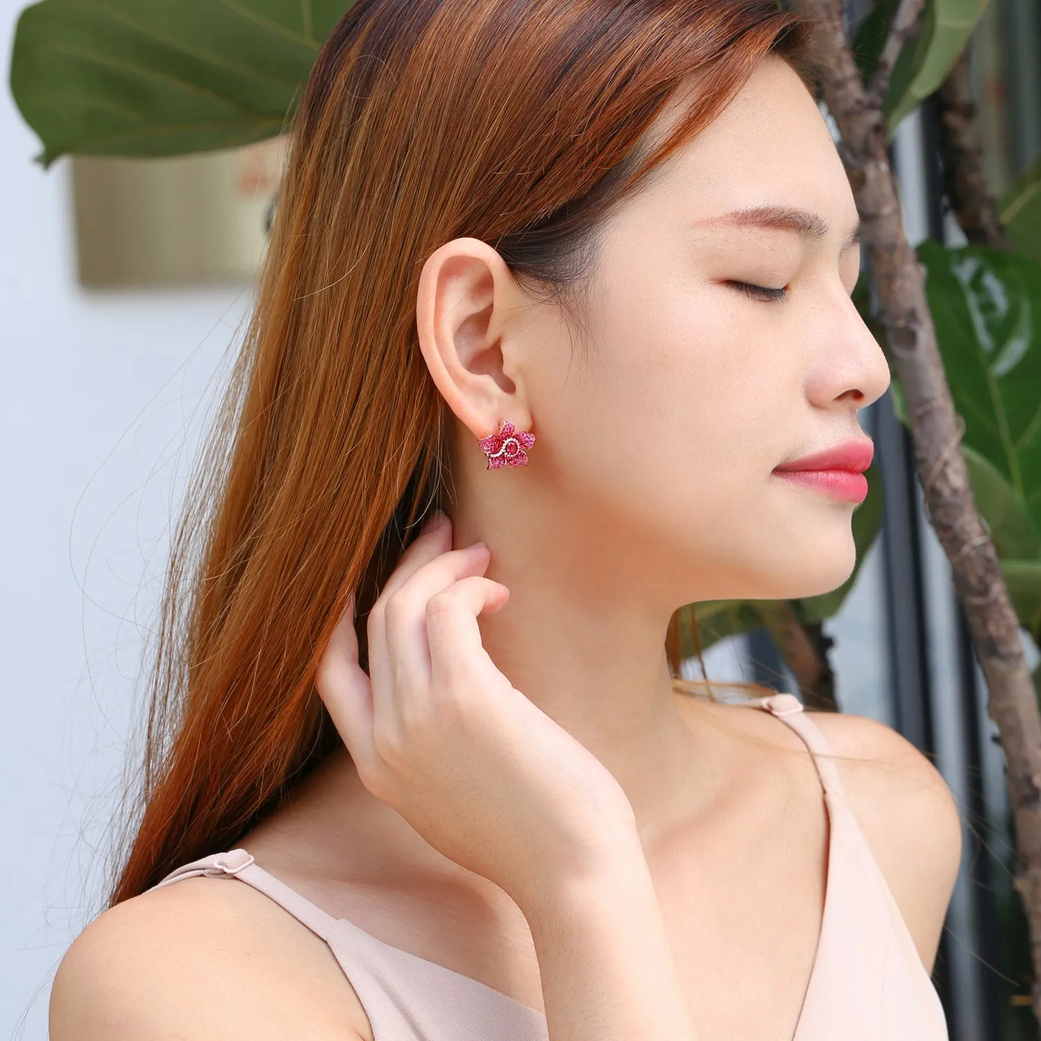 Luxury Ruby, Pink Sapphire, Diamond Flower Shape Earrings