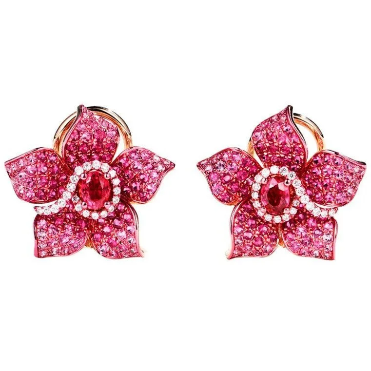 Luxury Ruby, Pink Sapphire, Diamond Flower Shape Earrings