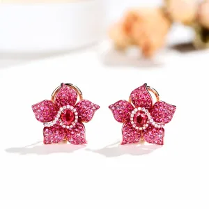 Luxury Ruby, Pink Sapphire, Diamond Flower Shape Earrings