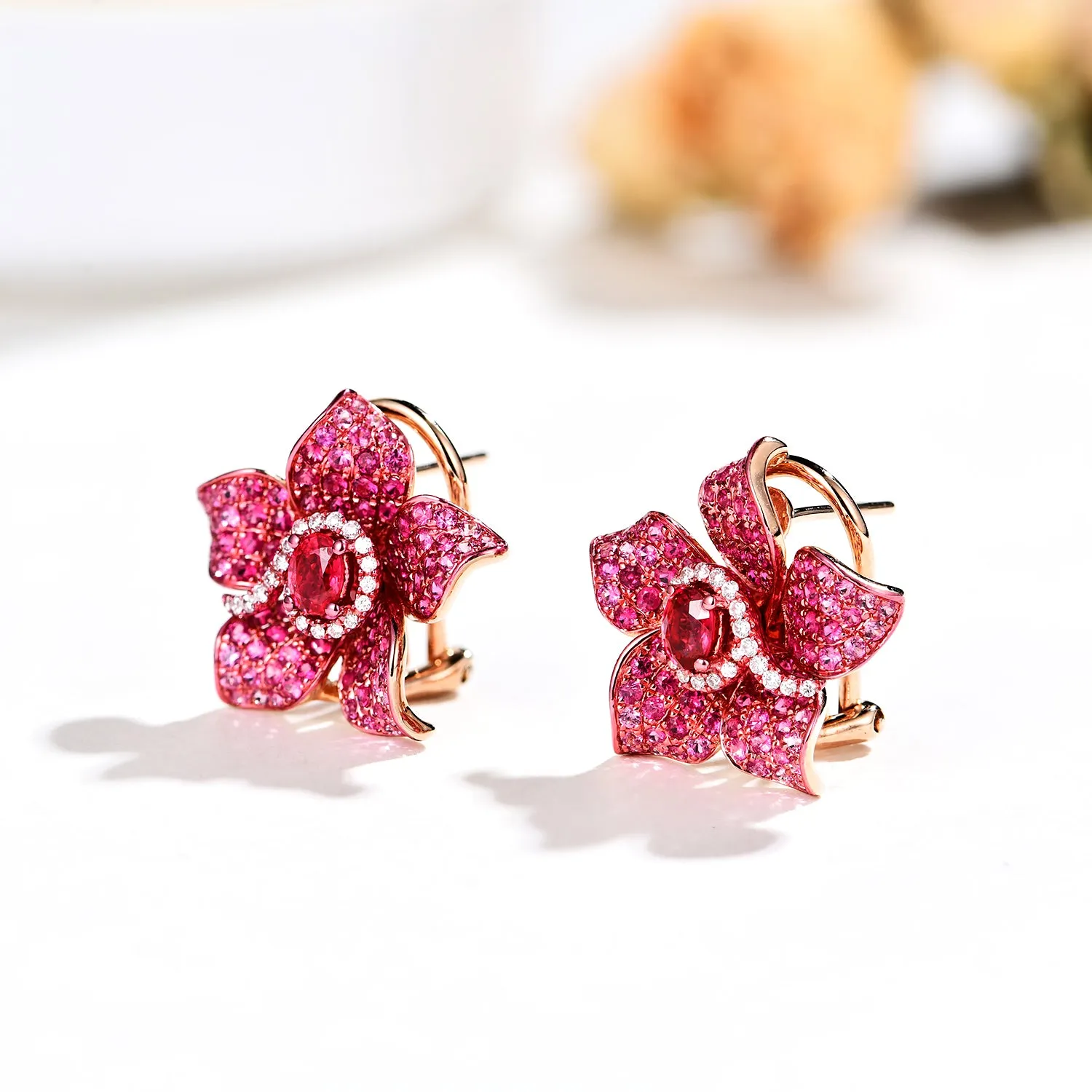 Luxury Ruby, Pink Sapphire, Diamond Flower Shape Earrings