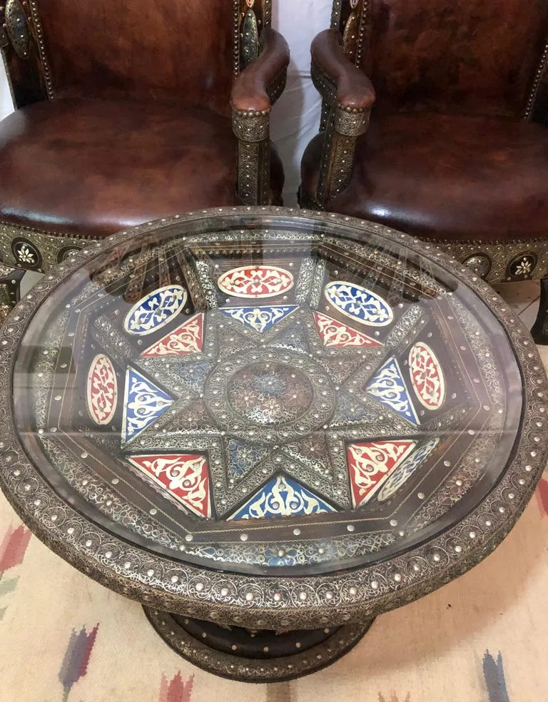Majestic Moroccan Pair of Chairs & Table in  Fine Leather Brass, Natural Stones and Camel Bone Inlaid