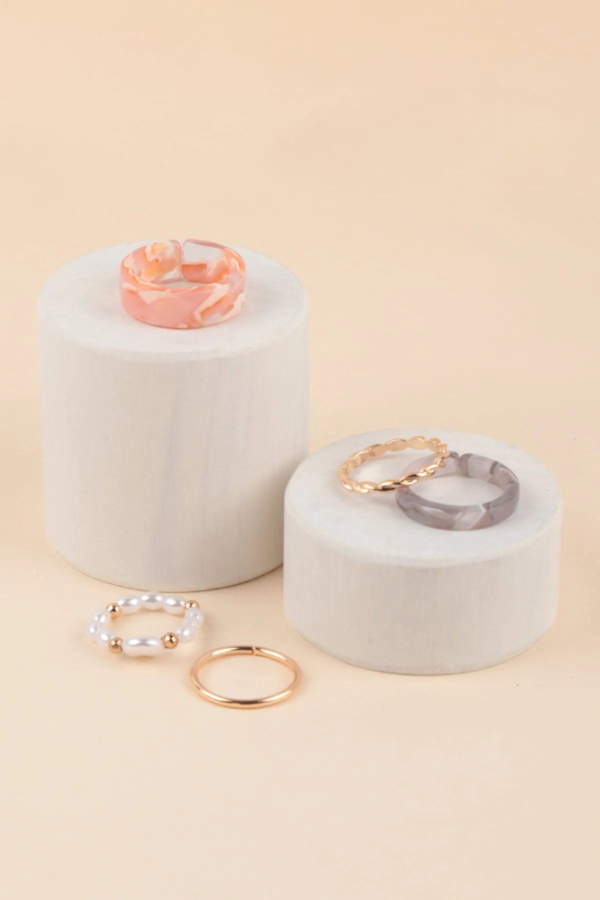 MARBLE RESIN TWISTED BEADED PEARL ASSORTED 5 PCS RING SET