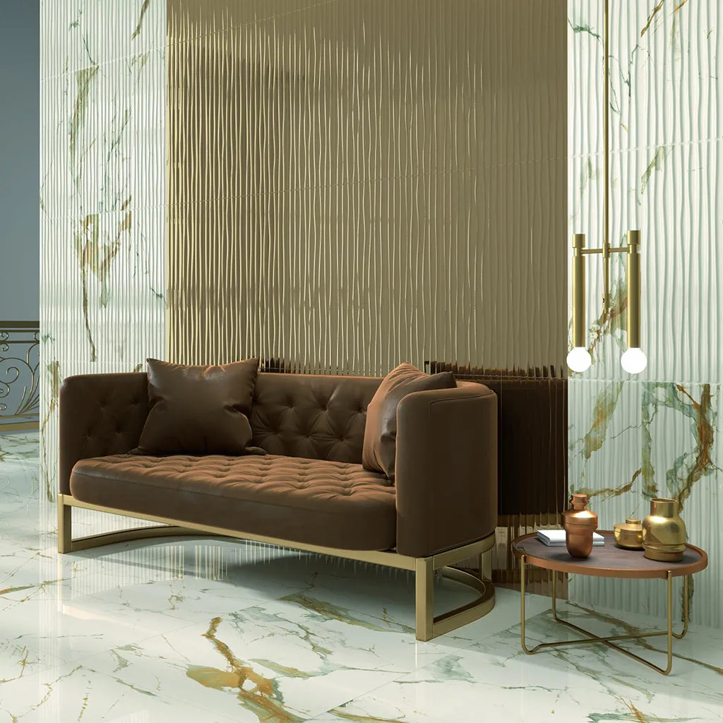 Mariana Wall Tile - Wall Mount - 35.4 x 11.8" Ceramic/Gloss Gold - Piece : 2.91 SqFt = $ 52.08 / Box: 11.63 Sqft = $ 606.00 - Pieces Per Box: 4 Units