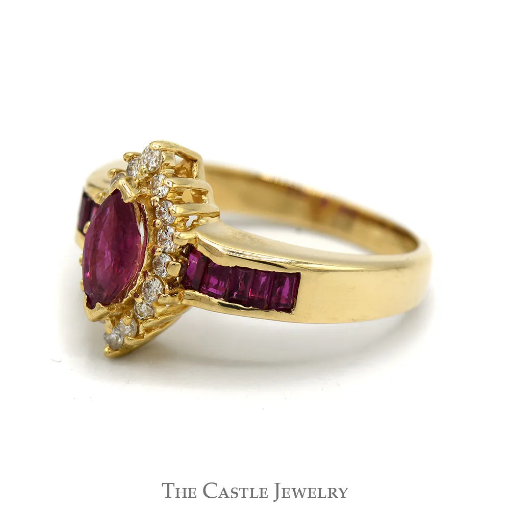 Marquise Ruby Ring with Diamond Halo and Channel Set Ruby Baguettes