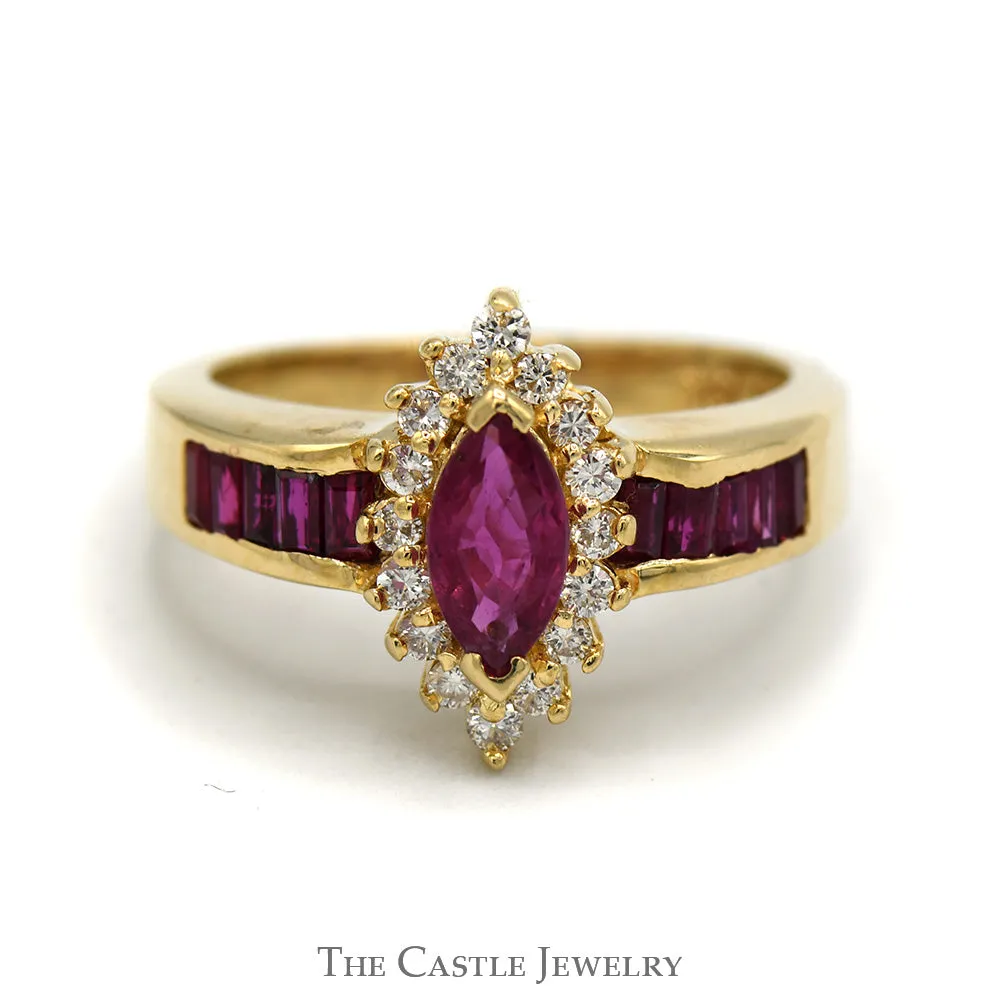 Marquise Ruby Ring with Diamond Halo and Channel Set Ruby Baguettes