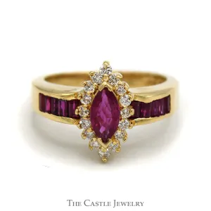 Marquise Ruby Ring with Diamond Halo and Channel Set Ruby Baguettes