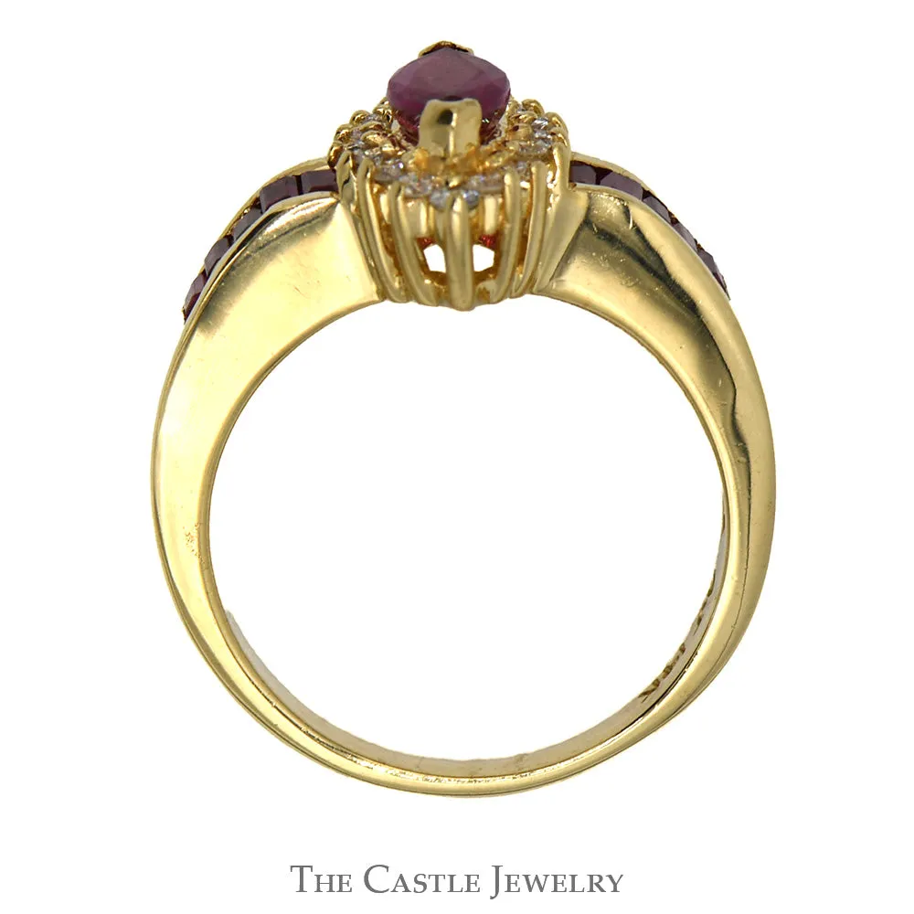 Marquise Ruby Ring with Diamond Halo and Channel Set Ruby Baguettes