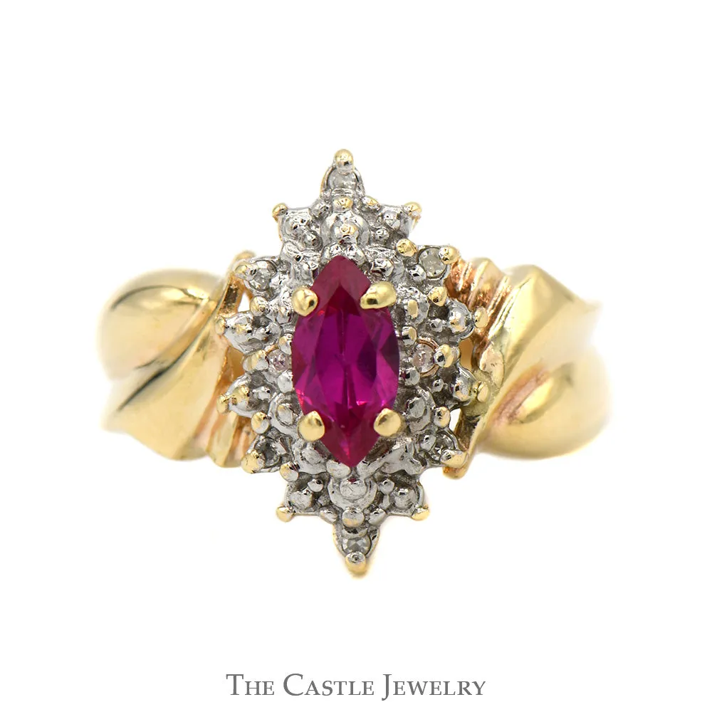 Marquise Shaped Ruby Ring with Illusion Set Diamond Halo in 10k Yellow Gold