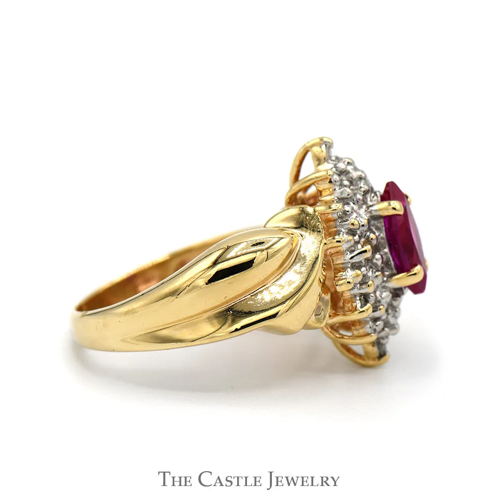Marquise Shaped Ruby Ring with Illusion Set Diamond Halo in 10k Yellow Gold