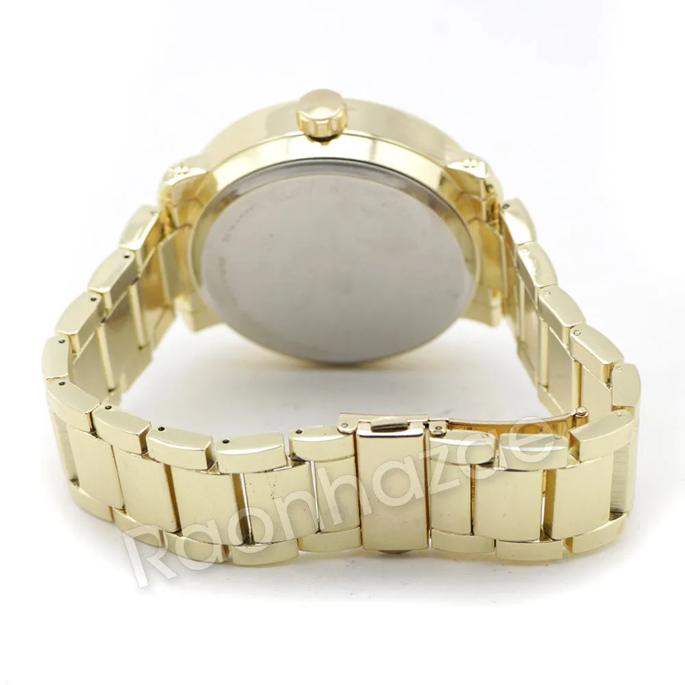 Men 14K Gold PT Big Face Watch Ruby Cuban Chain Bling Bracelet Set F64G
