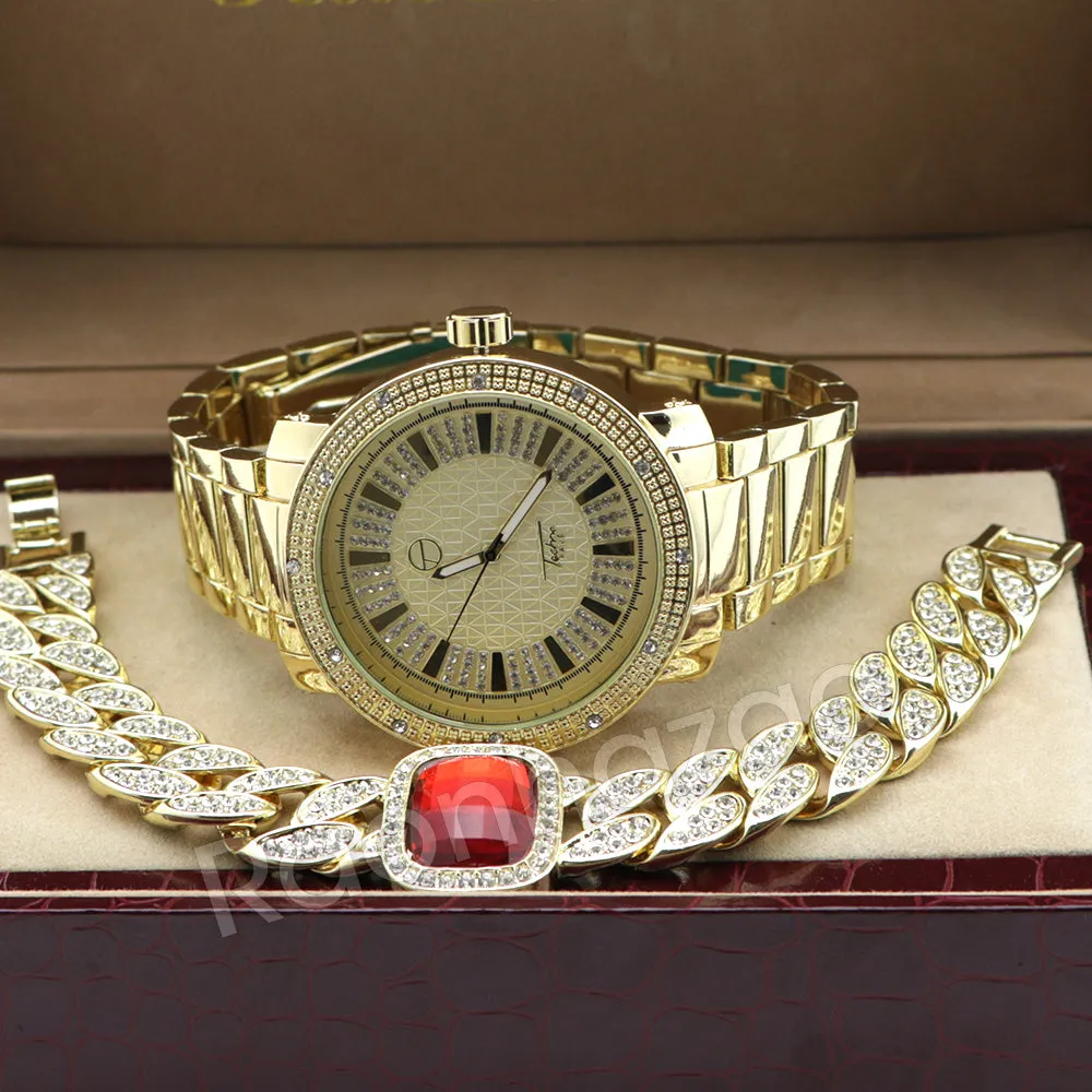 Men 14K Gold PT Big Face Watch Ruby Cuban Chain Bling Bracelet Set F64G
