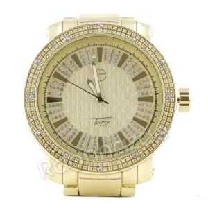 Men 14K Gold PT Big Face Watch Ruby Cuban Chain Bling Bracelet Set F64G