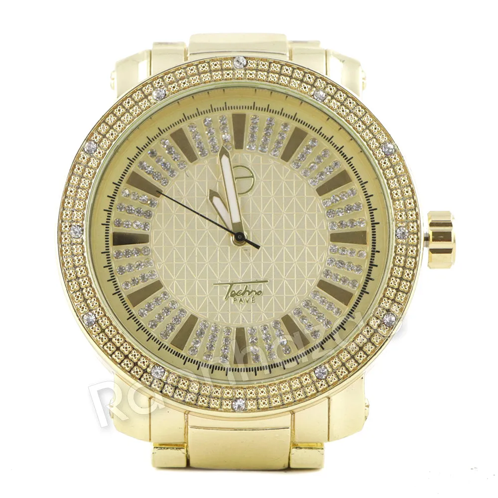 Men 14K Gold PT Big Face Watch Ruby Cuban Chain Bling Bracelet Set F64G