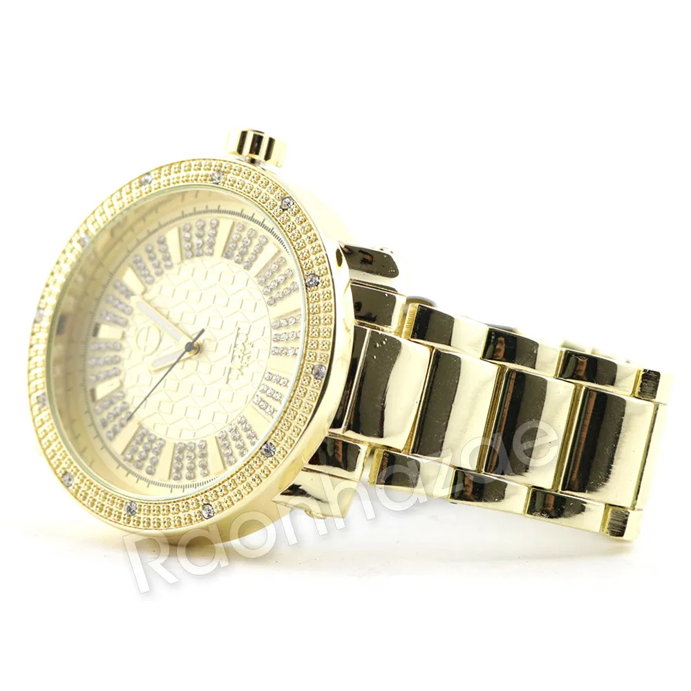 Men 14K Gold PT Big Face Watch Ruby Cuban Chain Bling Bracelet Set F64G
