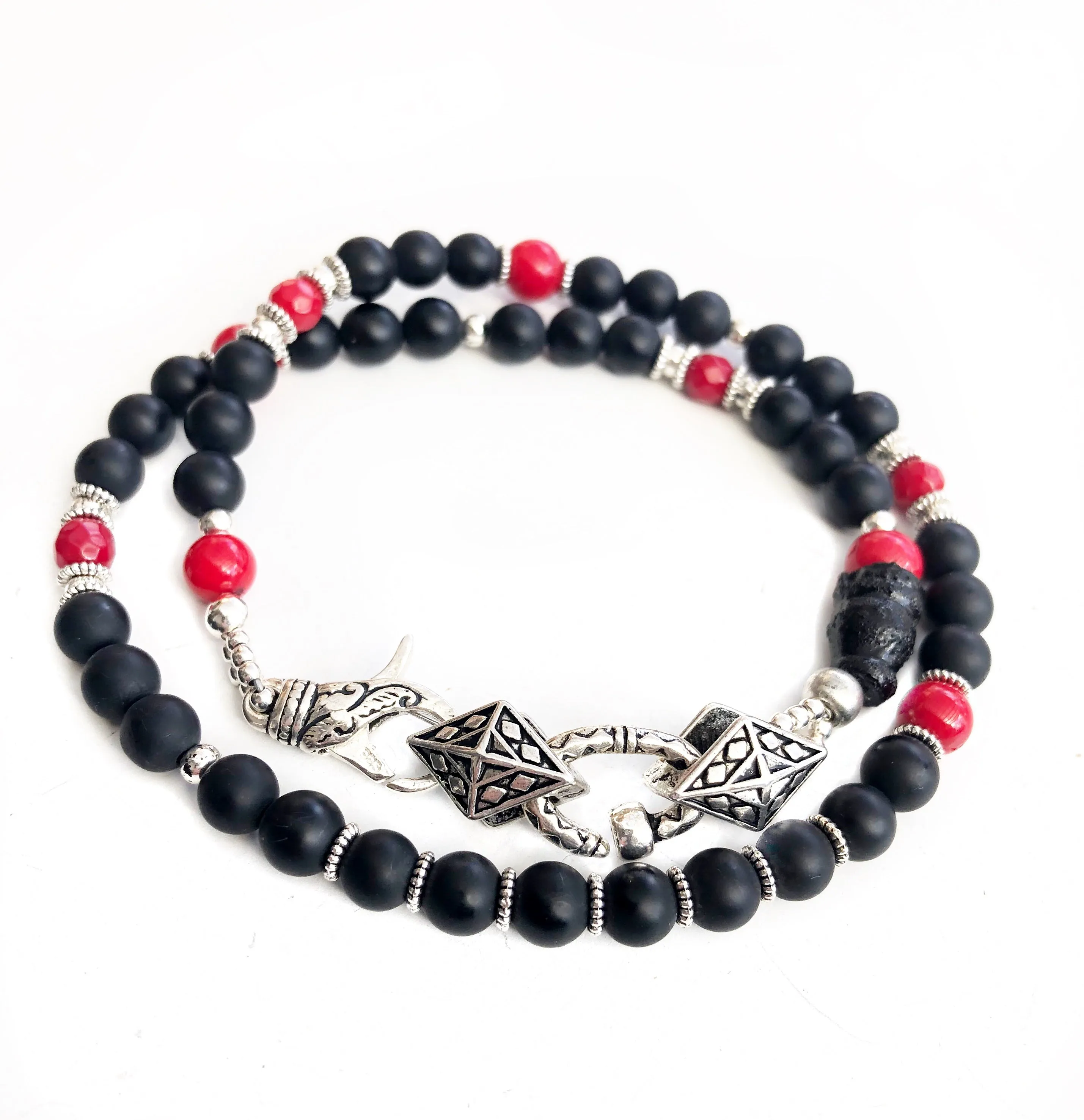 Mens Black Onyx & Coral Wrap Bracelet