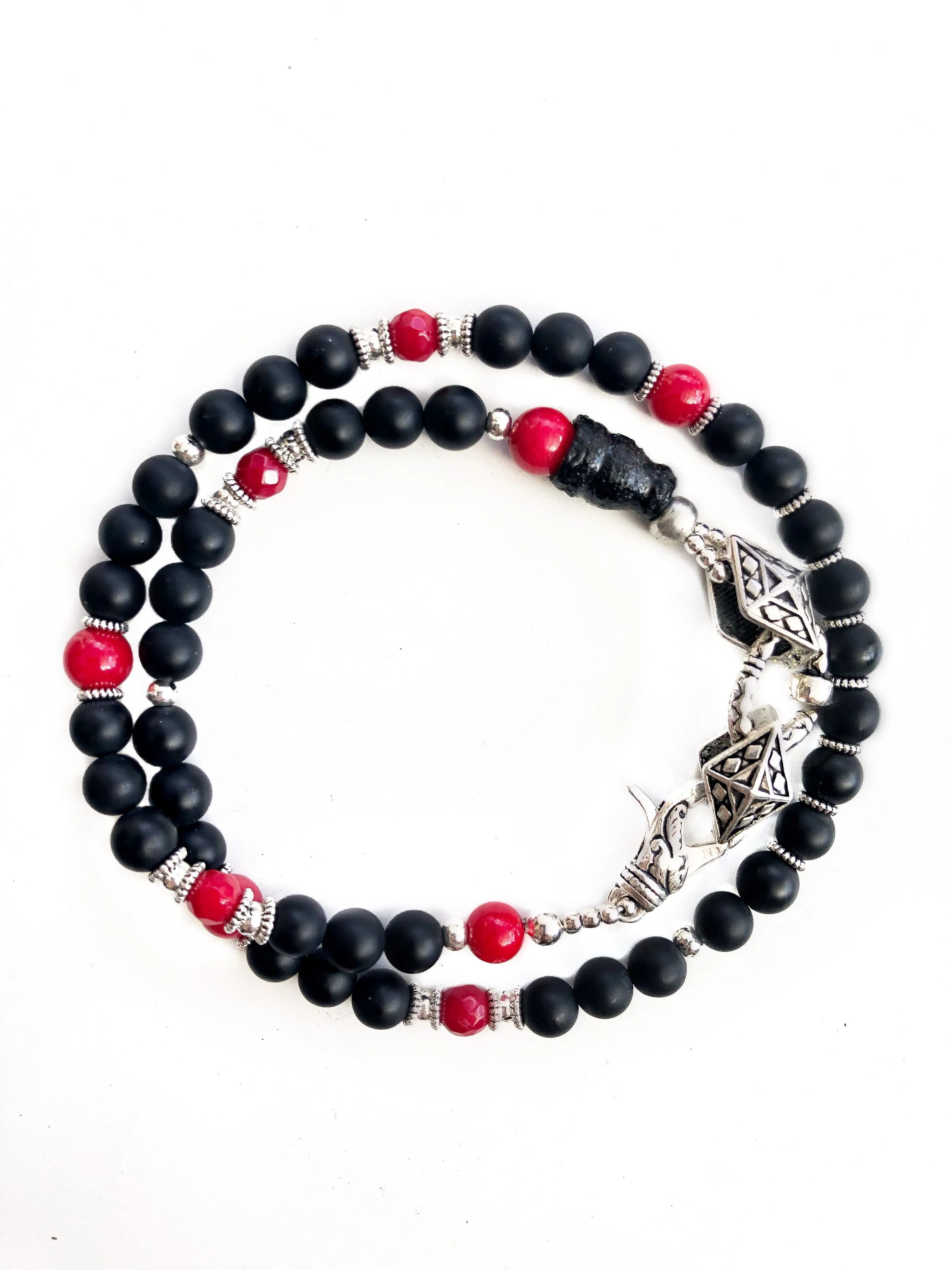 Mens Black Onyx & Coral Wrap Bracelet