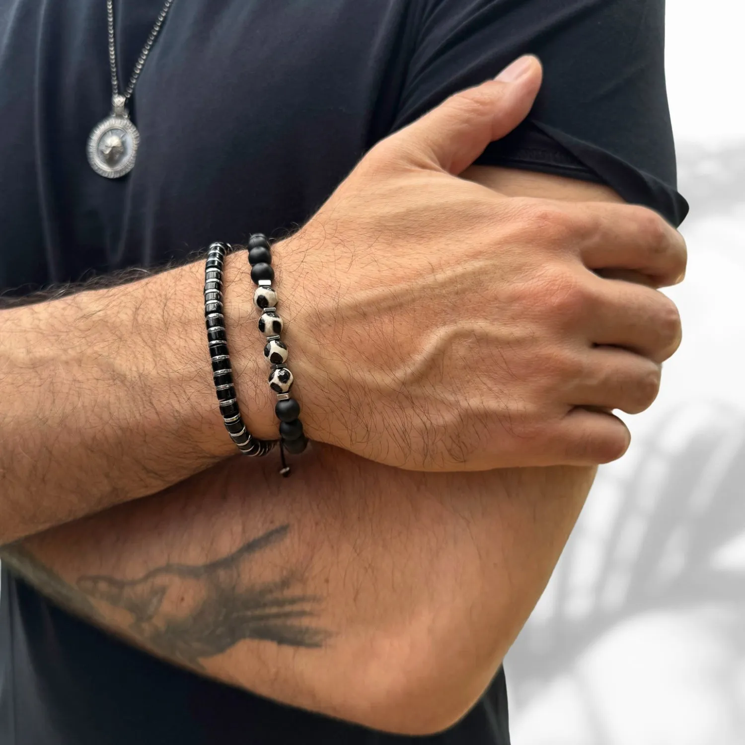 Men's Black Onyx Stone Beaded Adjustable Bracelet