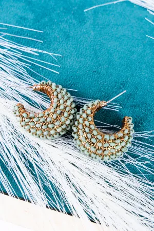 Moss Green Beaded Goldtone Earrings