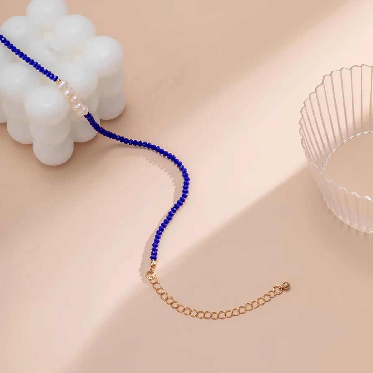 Navy & Pearl Beaded Choker Necklace