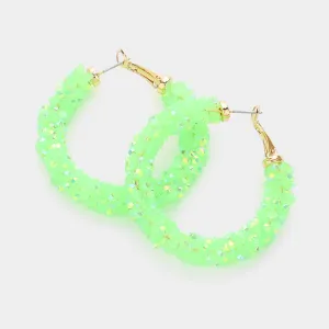 Neon Lime Green Beaded Fun Fashion Hoop Earrings | 1.8" |  634432