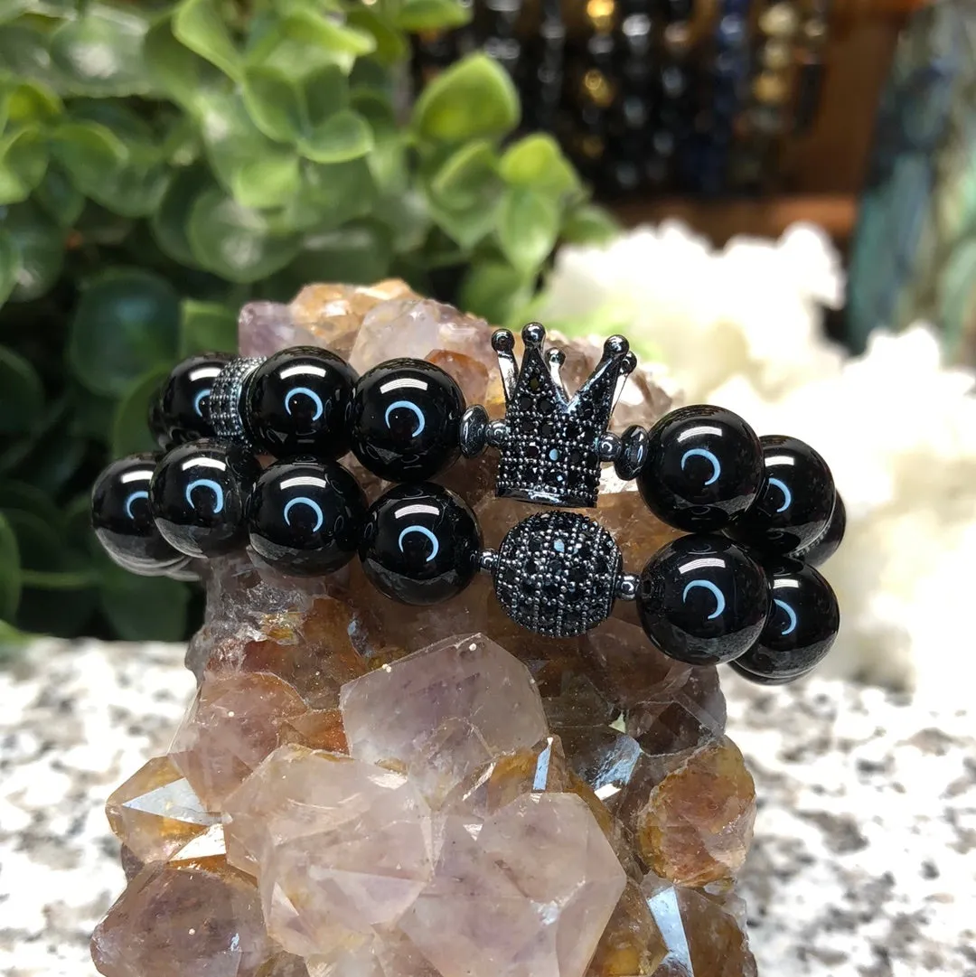Onyx, Hematite and Cubic Zirconia 2 pc. Bracelet Set - King Onyx