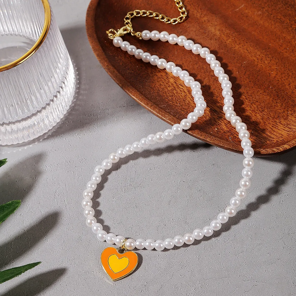 Orange Enamel & Pearl 18K Gold-Plated Beaded Heart Pendant Necklace