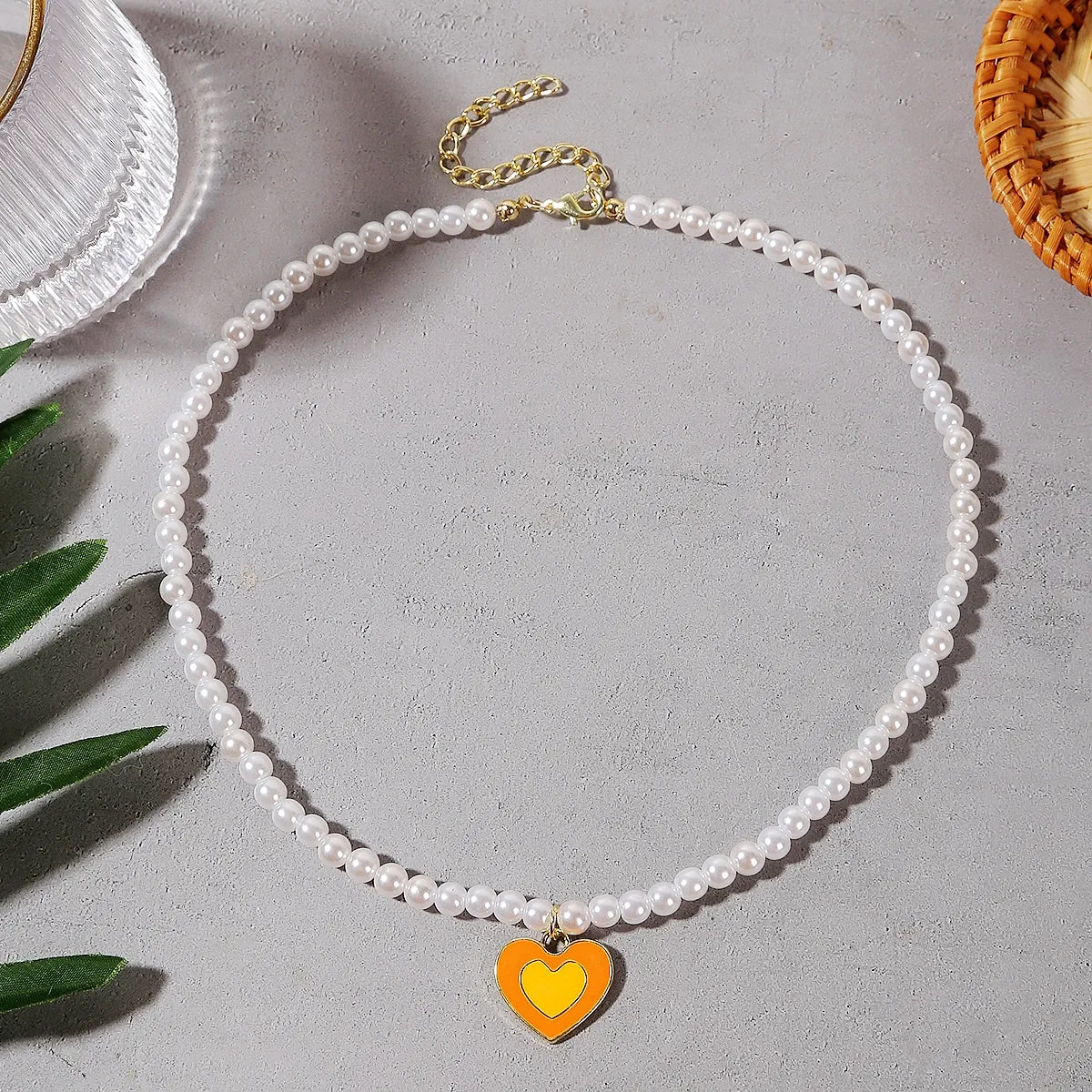 Orange Enamel & Pearl 18K Gold-Plated Beaded Heart Pendant Necklace