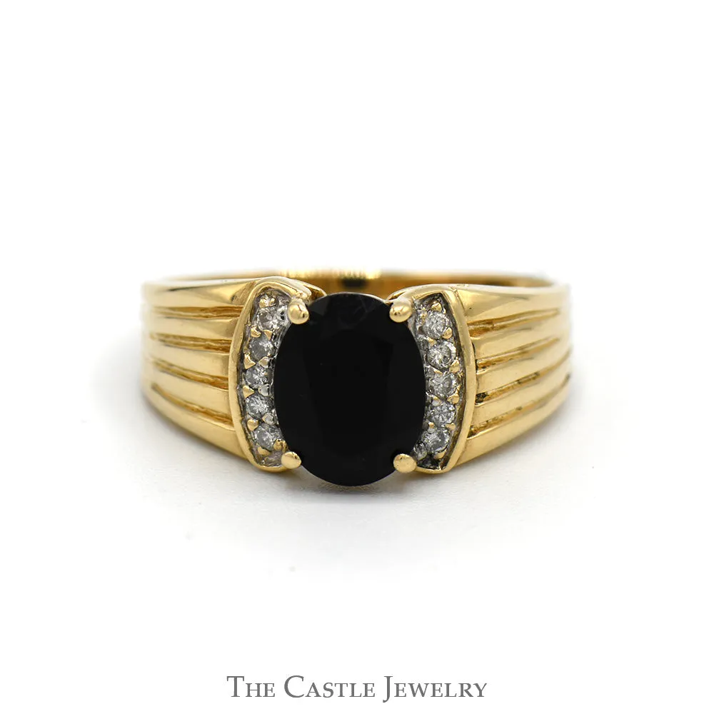 Oval Black Onyx Ring with Diamond Accented Sides in 10k Yellow Gold Ridged Mounting