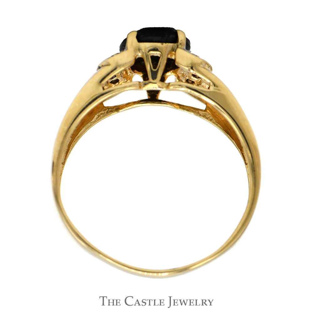 Oval Black Onyx Ring with Diamond Accented Sides in 10k Yellow Gold Ridged Mounting