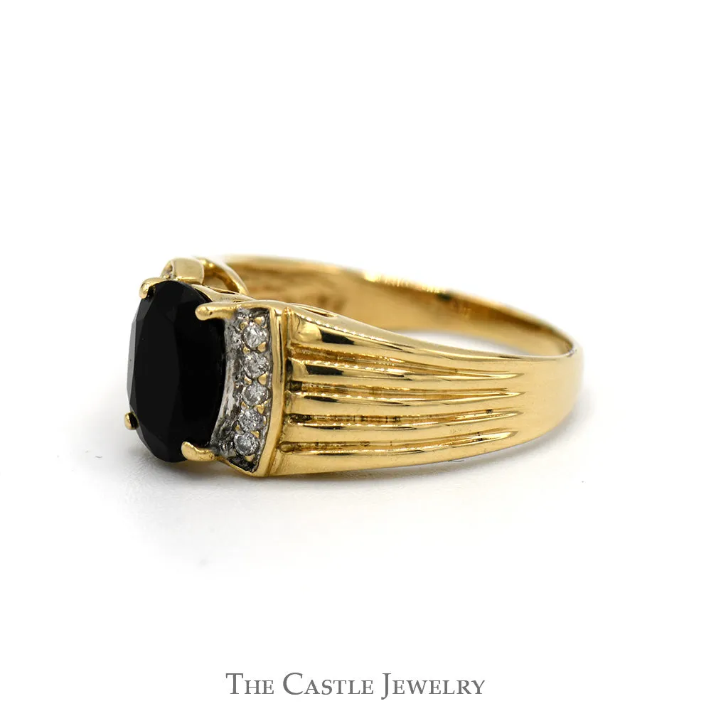 Oval Black Onyx Ring with Diamond Accented Sides in 10k Yellow Gold Ridged Mounting