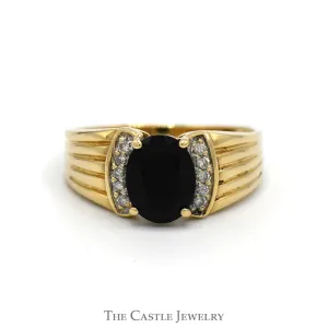 Oval Black Onyx Ring with Diamond Accented Sides in 10k Yellow Gold Ridged Mounting