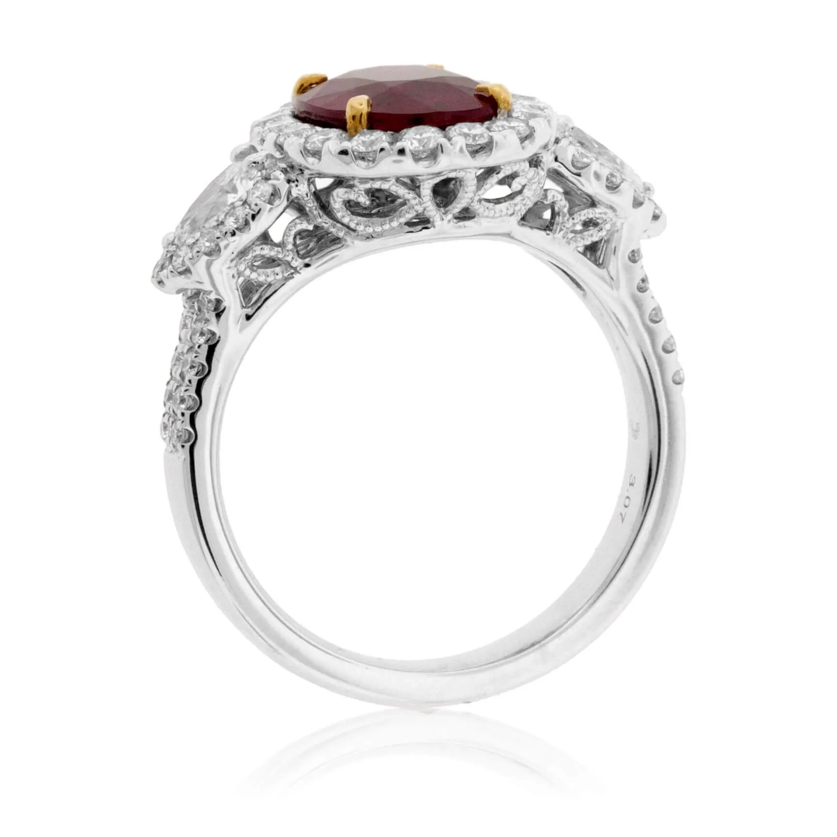 Oval Cut No Heat Ruby & Diamond Three Stone Ring