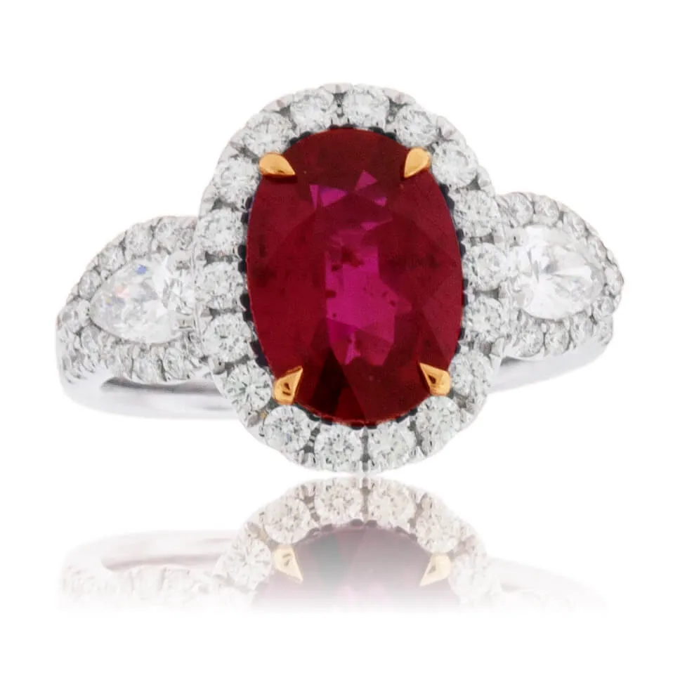Oval Cut No Heat Ruby & Diamond Three Stone Ring