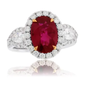 Oval Cut No Heat Ruby & Diamond Three Stone Ring
